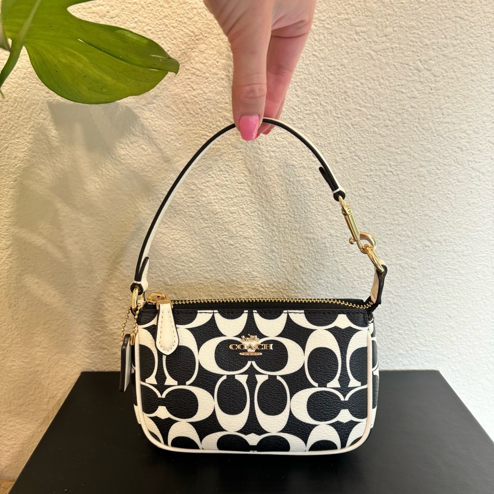 Coach Black and White Monogram Wristlet Mini Bag